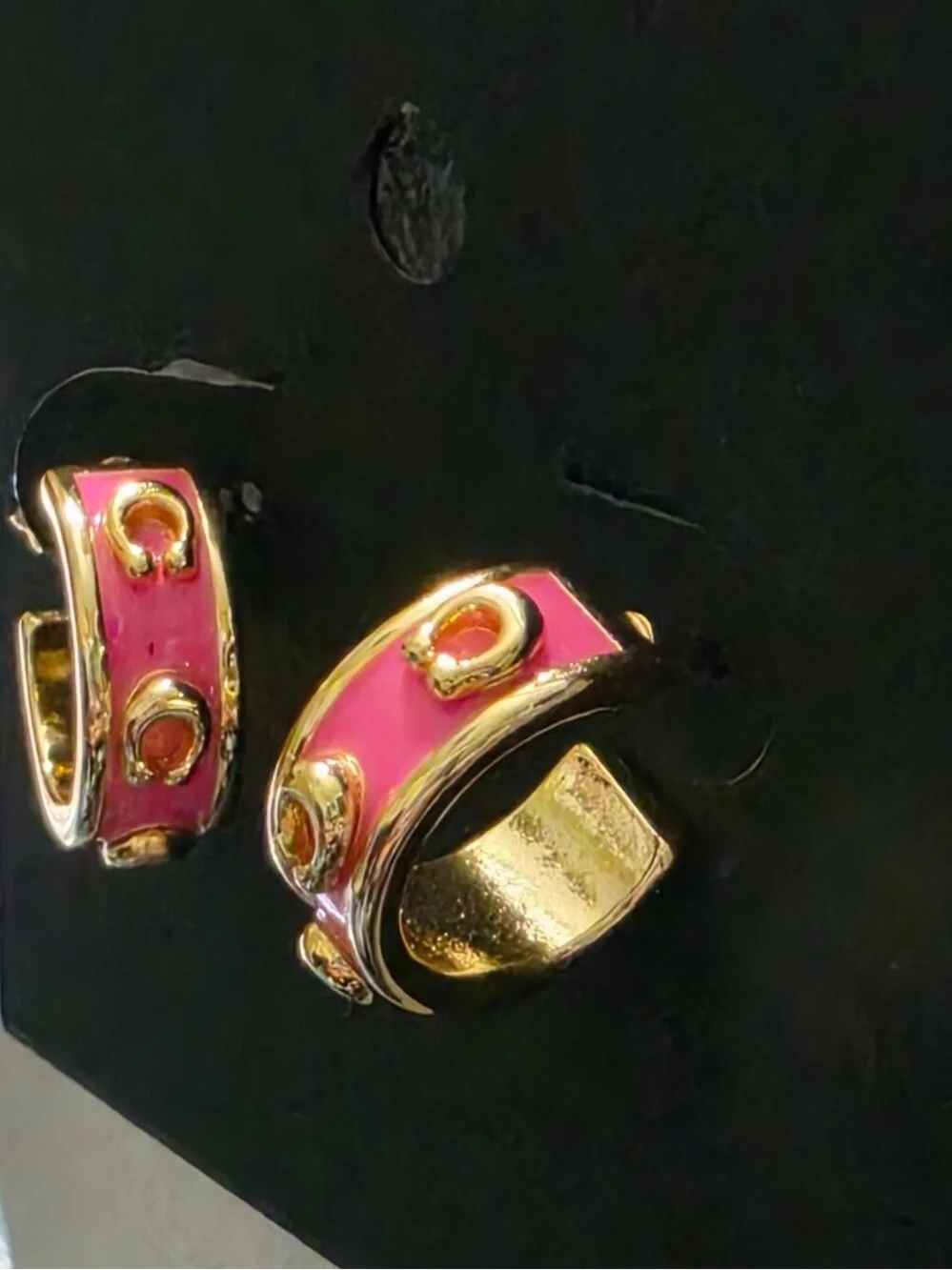 Coach Gold-Tone Hoop Earrings with Pink Enamel Accent - Picture 2 of 7